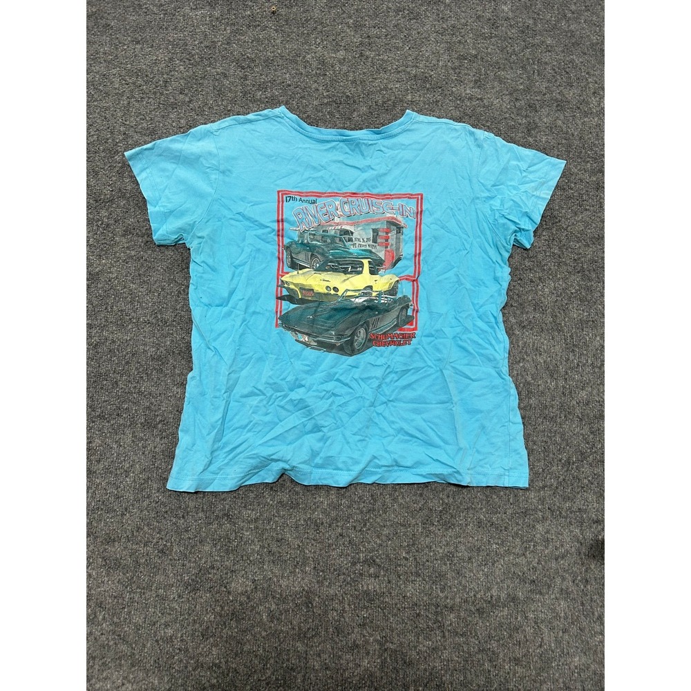 LAT T-Shirt Womens XL Blue River Cruise-In Corvette Graphic V-Neck Cotton Tee
